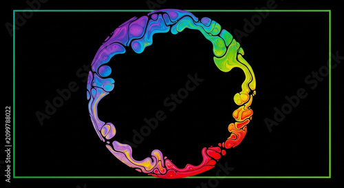 Abstract rainbow ink circle on black. Colorful liquid paint ring with vibrant fluid flow.