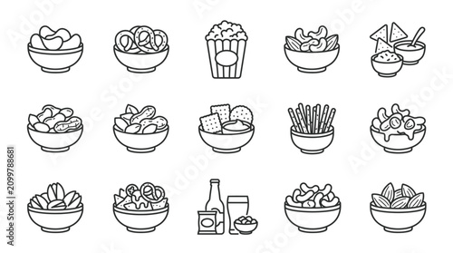Bild auf Leinwand Salty Snacks and Appetizers Outline Icon Set with Chips, Popcorn, Pretzels, Crac