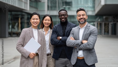 Diverse Business Professionals Team Standing Confidently Outside Modern Office Building