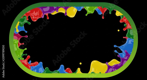 Colorful paint splash frame on black background. Vibrant ink splatter border design.