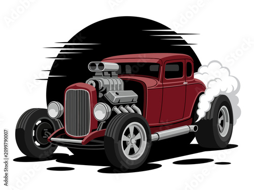 Photos Red Vintage Hot Rod Illustration with Supercharged Engine and Tire Smoke