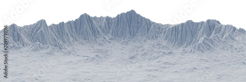 Snowy mountain range terrain element isolated on transparent background, winter glacier peaks and frozen valley surface for landscape design, Png and 3d rendering