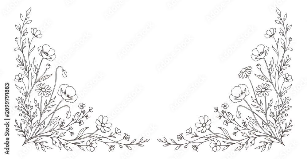 Fototapeta premium Hand drawn floral corner border, elegant wildflower line art frame, minimalist botanical sketch vector for wedding invitations and stationery