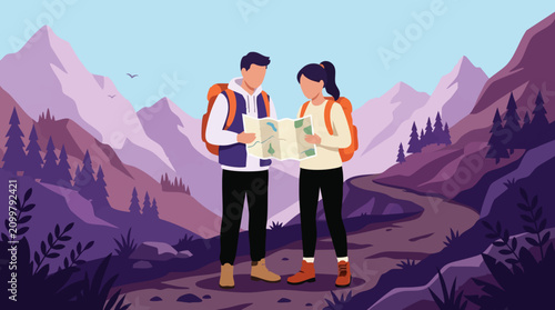 Bild auf Leinwand Adventure hikers with map in mountain wilderness illustration