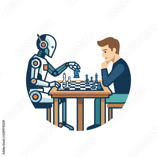 Robot and man playing chess game.