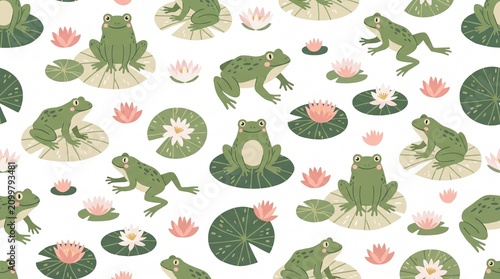 Seamless pattern of cute green frogs on lily pads with pink water lilies.