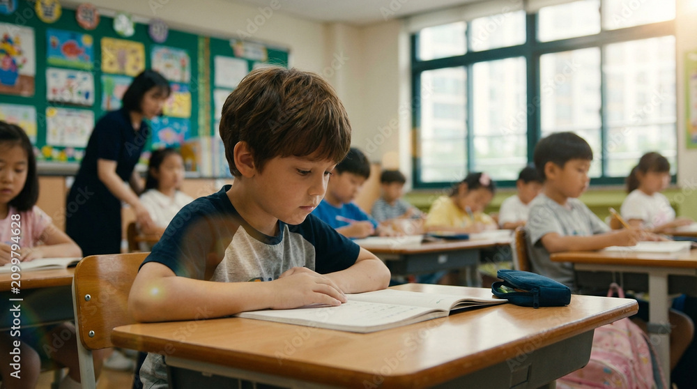 Fototapeta premium Young student writing at a desk in a bright elementary school classroom