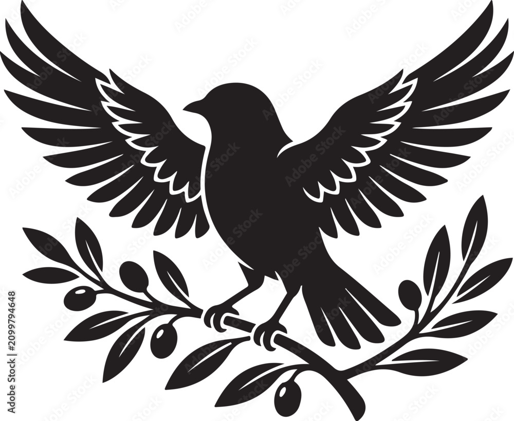 Obraz premium Black bird, dove, spread wings, olive branch, silhouette icon, vector graphic, white background