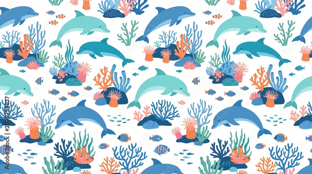 Fototapeta premium Seamless pattern of playful dolphins swimming among colorful coral reefs and marine life.