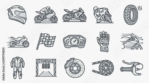 Cuadro en lienzo Dynamic Monochromatic Motorcycle Racing Icon Set Featuring Helmets Bikes Gear an