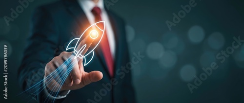 A businessman in a suit interacting with a glowing rocket icon symbolizing innovation growth and the launch of new ideas in a modern business environment.