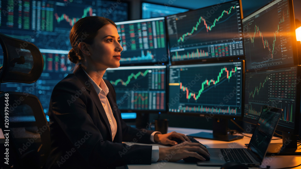 Fototapeta premium Woman trader focused on stock market graphs on multiple monitors, with dramatic lighting, ideal for financial analysis, trading platforms and business intelligence