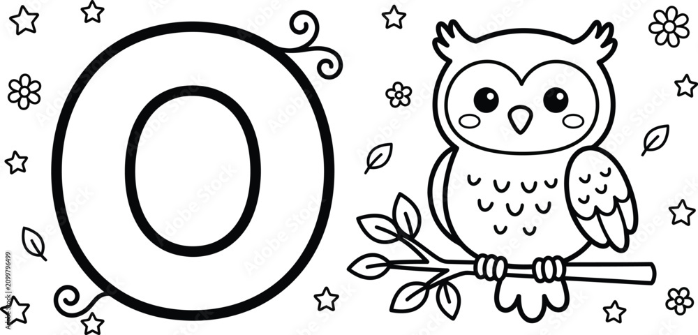 Fototapeta premium Alphabet coloring page for children featuring letter o and a cute owl drawing with stars and flowers.