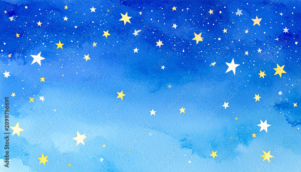 Fototapeta premium Blue Watercolor Night Sky Background with Golden Stars