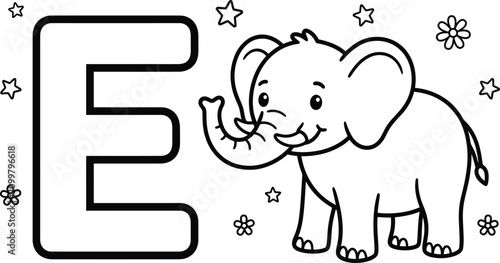 Coloring page for toddlers with letter e and cute baby elephant for alphabet learning activities.