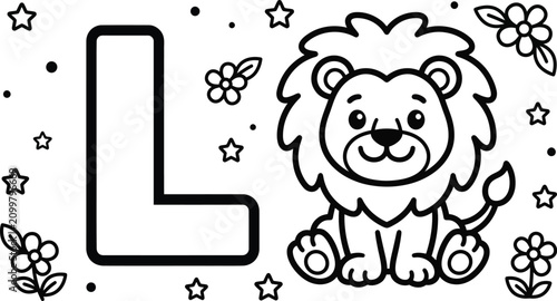 Letter l coloring page for kids featuring cute baby lion character with simple flowers and stars.