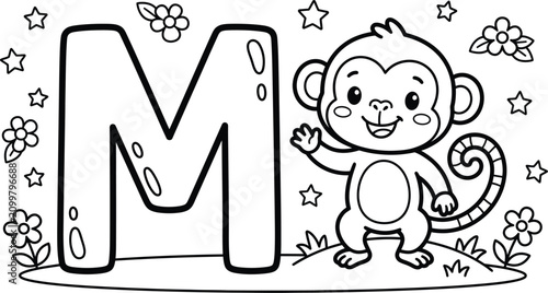 Letter m alphabet coloring page for preschool kids featuring cute monkey animal and floral stars.