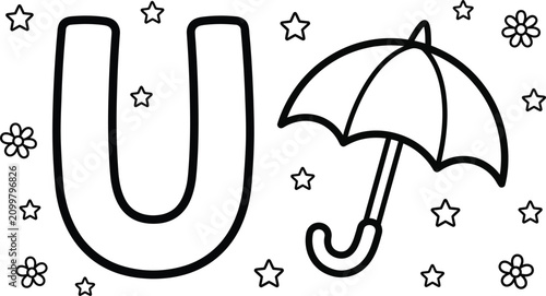 Letter u coloring page for kids featuring simple umbrella accessory with stars and flower borders.