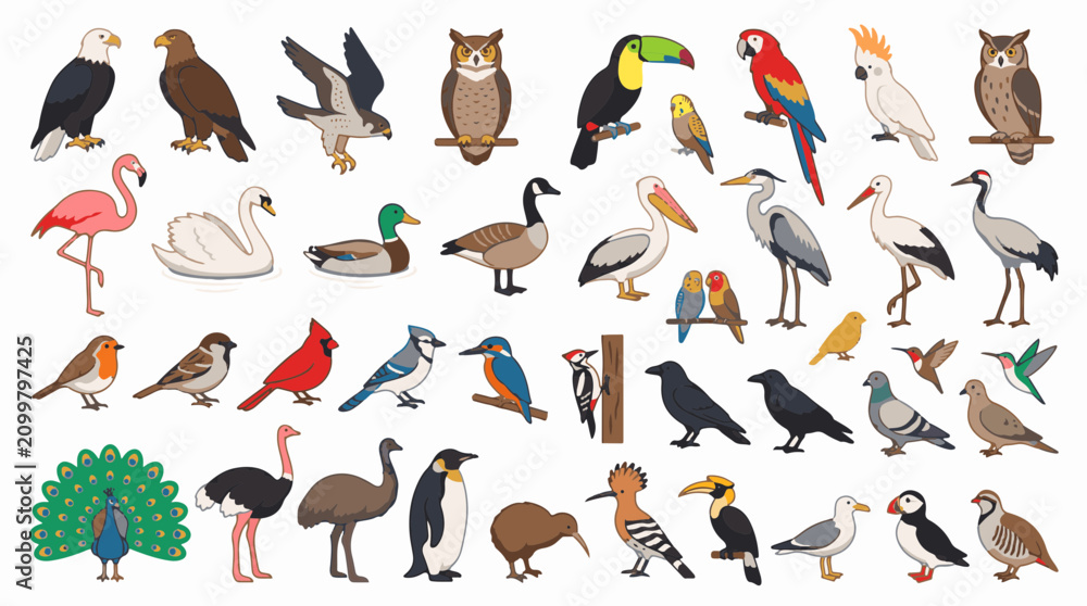 Obraz premium A premium vector illustration set featuring a diverse collection of popular bird species from around the world