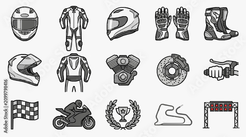 Foto Dynamic Black and White Motorcycle Racing Gear and Accessories Icon Set Featurin