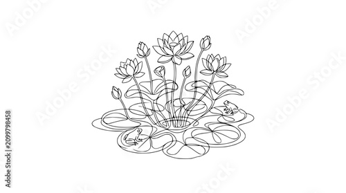 Photos Elegant line art drawing of water lilies and frogs in a pond, simple botanical illustration