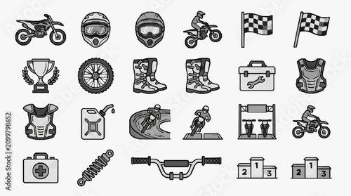 Fotografía Industrial Black and White Line Icons Set Featuring Motocross Gear Racing Elemen