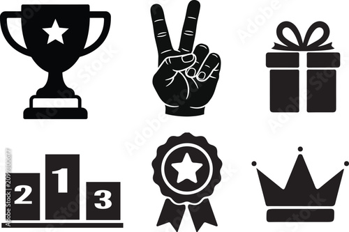 Fotografía reward victory icons including a trophy, crown, medal, hand gesture, and podium