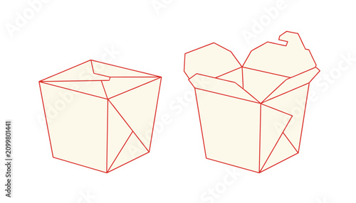 Line art illustration of a closed and an open Asian food takeout box with detailed fold lines on a cream background.