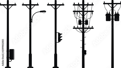 Silhouettes of various utility poles with electrical equipment power pole electricity