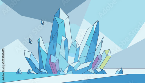 Group of large blue ice crystals and mineral gems growing out of a frozen white glacier under a geometric winter sky.