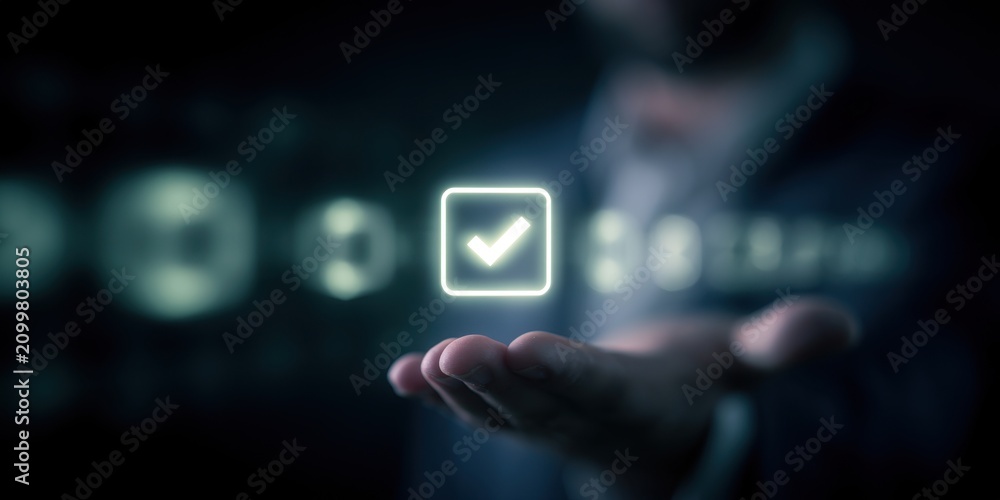 Fototapeta premium An open source creative interface displaying a virtual supply chain to arrange an organizational standard confirmed by an optimization prediction checkmark.