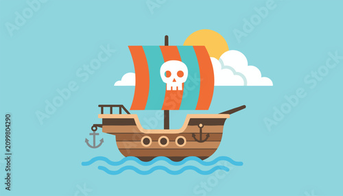 Cute cartoon pirate ship with a skull on its sail floating on blue ocean waves under a sunny sky with clouds.