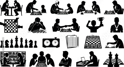 Tableau sur toile Set of chess icons, silhouettes of people playing chess, chess pieces, board, cl