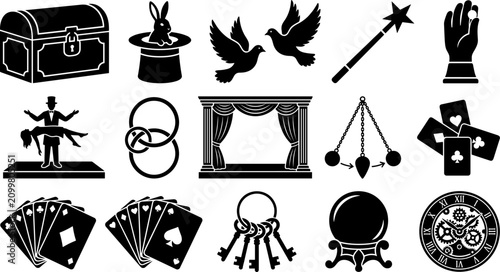 Bild auf Leinwand Magic Show and Illusionist Icon Set Featuring Rabbit in Hat Playing Cards Crysta