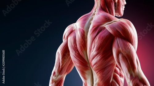 A detailed anatomical illustration showing the muscular system of the upper back and shoulder area of a human body.