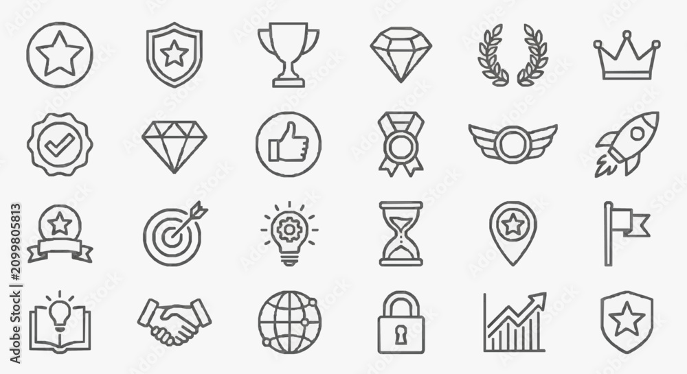 Fototapeta premium Modern Minimalist Line Icons Set Black and White Illustrations of Achievements Awards and Symbols for SEO Optimization