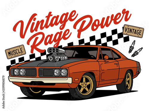 Canvastavla Vintage Muscle Car Illustration with Supercharger and Racing Elements
