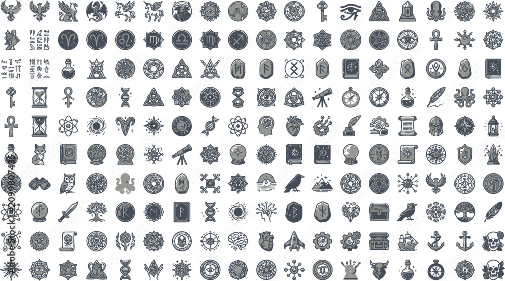 Fototapeta premium Pixel Art Icons Collection: Fantasy, Magic, Science & Nature Symbols