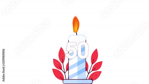 50th Anniversary Celebration with Candle and Twig. Anniversary Date Animation, Alpha Channel. Cartoon