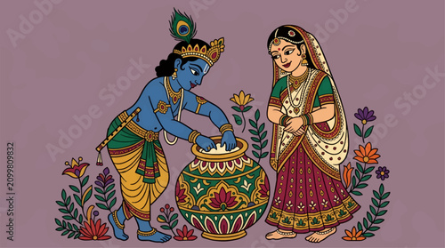 Bild auf Leinwand Hindu God Krishna Stealing Butter From Pot with Radha, Indian Folk Art Illustrat