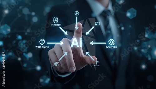 Artificial Intelligence business concept with businessman touching AI interface, digital data analytics and finance automation, futuristic corporate technology