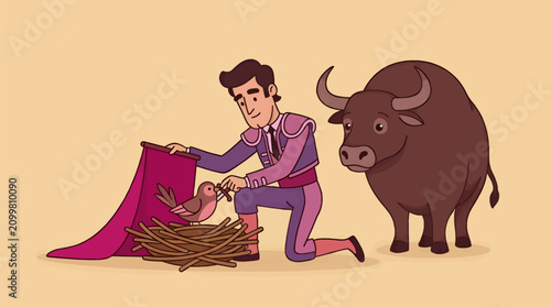 Bild auf Leinwand Matador Gently Feeding Bird in Nest Beside Bull, Unexpected Kindness in Bullfigh
