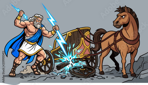 Cuadro en lienzo Muscular Zeus Hurls Lightning Bolt at Horse-Drawn Chariot, Shattering Wheel in D