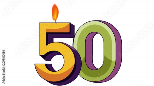 50th Anniversary Celebration with Candle. Anniversary Date Animation, Alpha Channel. Cartoon