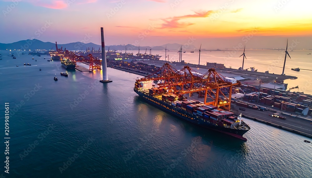 Obraz premium Industrial cargo shipping port at sunset.