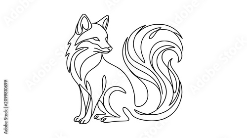 Принти на полотні Elegant single line drawing of a fox with a bushy tail, minimalist art, white ba