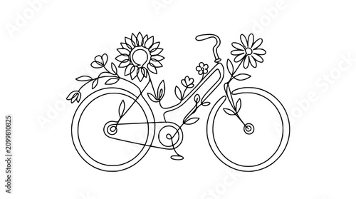 Fotografi Floral Bicycle Line Art: A charming single-line drawing of a bicycle entwined with blooming flowers and leaves