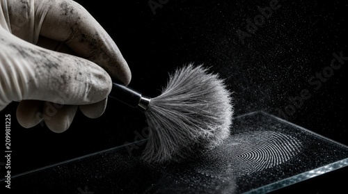 Gloved hand using a brush to dust for fingerprints on a glass surface against a dark background. Forensic science investigation, criminal evidence collection.