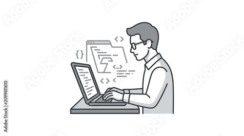 Canvastavla Elegant Black and White Line Drawing of a Programmer Coding on a Laptop with Flo