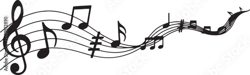 Foto Music Notes Flowing Wave with Treble Clef and Staff Lines